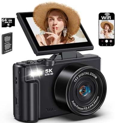 Appareil Photo Numériques 5K 75MP avec WIFI, Carte de 64 Go, Écran Rotatif 3.0" à 180° pour Selfie 18X Digital Zoom Appareil Photo Compacte Digital Caméra pour Vlog, Voyages, YouTube, Débutants (Noir)