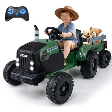COSTWAY 24V Tracteur Électrique Enfant avec Remorque Amovible & Télécommande, Voiture Électrique Enfants avec Musique & Klaxon & Phares LED, Démarrage en Douceur, 3,2-6 km/h pour 3-8 Ans (Vert)