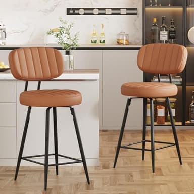 Ckaff Lot de 2 Tabouret de Bar Pivotants 360°, Tabouret de Cuisine en Cuir PU, Chaise de Bar Hauteur 66cm, Tabourets de Comptoir avec Repose-Pieds et Dossier pour Cuisine, Comptoir, Bar, Brun