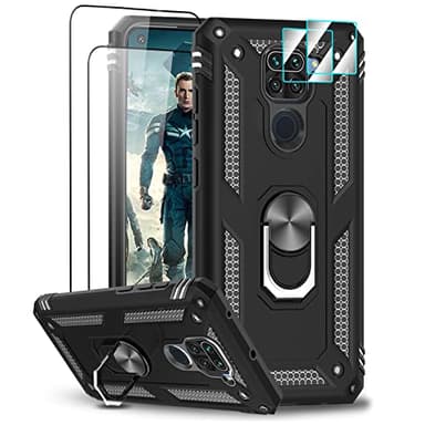 LeYi Coque pour Xiaomi Redmi Note 9 avec 2 Verre Trempé et 2 Protection Camera, Anneau Support Militaire Anti-Chute Bumper Antichoc Rigide Armure Housse Etui pour Xiaomi Redmi Note 9 Noir