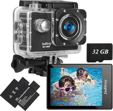 Jadfezy Camera Sport 1080P FHD avec Carte Mémoire 32GB,Etanche 30M Caméra d'action Grand Angle, avec Deux Piles Rechargeables 900 mAh Caméra Sport et kit d'accessoires(Nouveau 2026