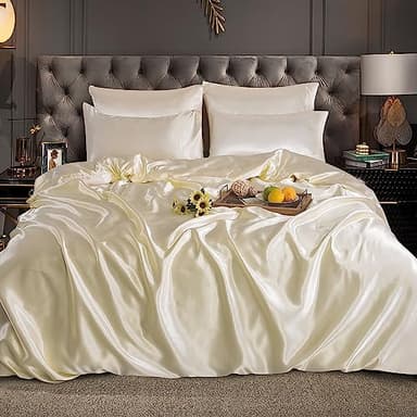 ROOEE Parure de lit complète en satin de soie, 6 pièces, drap-housse, housse de couette et 4 taies d'oreiller. Couleur : crème. Dimensions : king size
