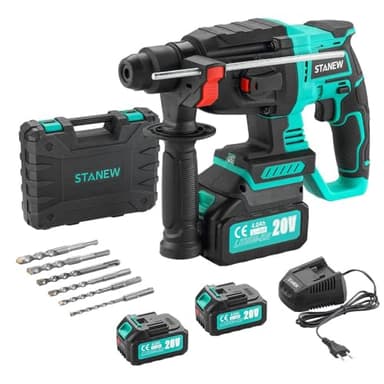 STANEW Perforateur Sans Fil, Perceuse à Percussion con SDS-Plus Mandrin, Moteur Sans Balais, 4500BPM, 1000RPM, 6x Forets, énergie de frappe 2J, 2*Batterie 20V 4.0Ah