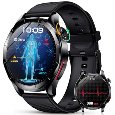 YUPENG Montre Connectée Homme avec ECG/HRV/IMC/Acide Urique, 1.43" AMOLED Smartwatch avec Appels Bluetooth, 24H Sommeil, Cardiofrequenceme, Appel d'urgence SOS, Android/iOS, Noir