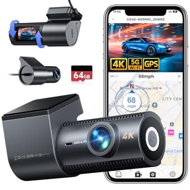 CIEVIE 4K Dashcam Voiture Avant Arrière avec GPS et WiFi 5GHz, Camera Voiture, Carte SD 64G Incluse, Écran IPS 1,5″, G-Sensor, Vision Nocturne WDR,Enregistrement Boucle,Mode Parking 24h,Max 256G