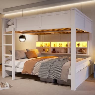 EMKK Lit Superposé 160x200 - Lit Mezzanine 2 Places avec Éclairage LED, 6 Rangements Latéraux, Barrière de Sécurité et Échelle, Cadre en Pin Massif Blanc (sans Matelas)