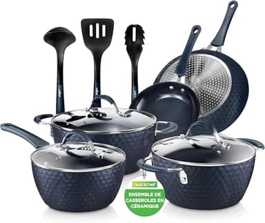 NutriChef Lot Poêle et Casserole Induction, Batterie de Cuisine Antiadhésifs avec Revêtement en Céramique,et Poignées Ergonomiques, Casserole, Cocotte, Grandes et Petites Poêles à Frire,11 Pièces
