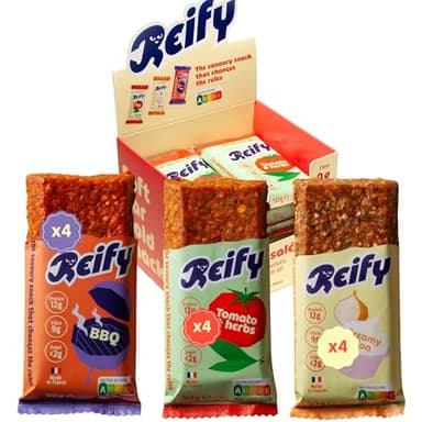 Reify Barre Protéinée Salée (3 Saveurs Découverte) – Riche en Fibres 9g, 12g Protéines Végétales, 175kcal Par Barre – Vegan, Sans Gluten, Faible en Sucres, Nutriscore A – Snack Salé