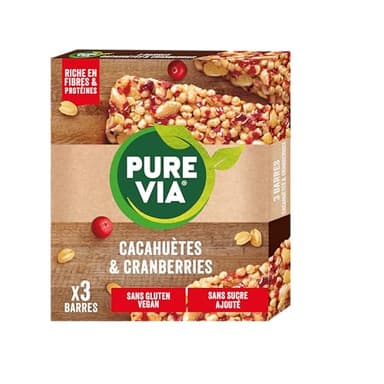 Pure Via Barres de Céréales Cacahuètes & Cranberries – Riches en Fibres et Protéines - Sans Gluten et sans sucre Ajouté | 3 X 35g