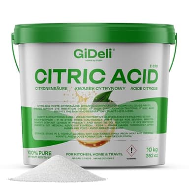 GiDeli Acide citrique de qualité alimentaire en poudre monohydrate 10 000 g de cristaux E330 purs de qualité de nettoyage Détartrant Acide non sucré dans un seau refermable 10 kg