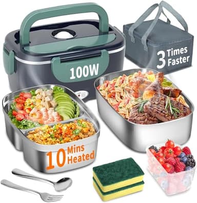 SOOOEC Boîte à déjeuner électrique 100 W, 3 en 1, portable, boîte à lunch chauffante en acier inoxydable amovible, 12 V/24 V/220 V, pour voiture/camion/bureau (Bleu, 1.5 L)