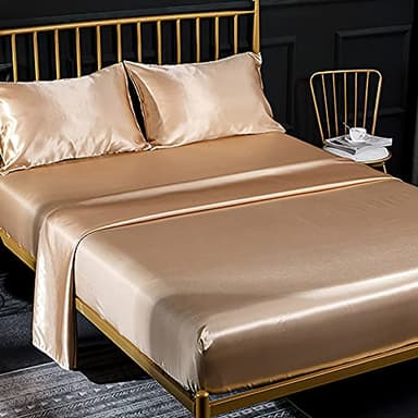 Jemiipee Ensemble 4 Pièces de Draps de Lit en Satin Couleur Unie 1 x Drap Housse 160x200 cm 2 Personnes avec Grand Bonnet de 35 cm, 1 x Drap Plat et 2 x Taie d'oreiller, Bronze