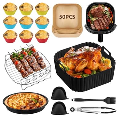 12 Pièces Moule Silicone Air Fryer Set 6L -pour Philips Airfryer 2000/3000/5000Series6.2 L, Ninja, Cosori Airfrye 6L, Accessoires Air Fryer sans BPA,Inclure 50 pcs Papier Cuisson