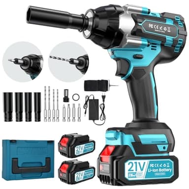 sukaudiz Clé à Chocs Sans Fil Brushless,1000 Nm Boulonneuse a Choc avec 2 x 4.0Ah Lithium Batteries, 4 Douilles à Chocs, 4 Embouts de Vis, 2 Broches, 21 V Cle a Choc pour la Voiture et la Maison