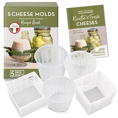 Kit de fabrication de fromage facile,5 moules à fromage + livre de fabrication de fromage,Fabriqué en Italie,Recettes pour faire du Ricotta, Quark et plus,Ensemble de moules à fromage professionnels