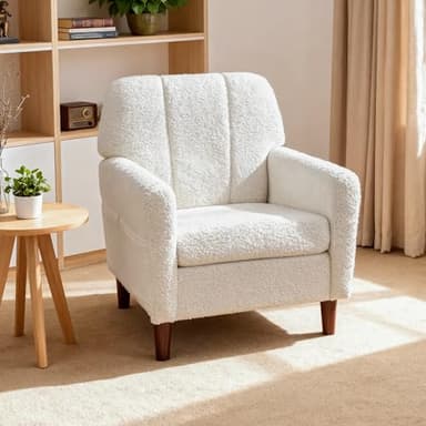 BonVache Fauteuil en Fausse Fourrure Moutonnette, Canapé d'Appoint avec Coussin, Chaise de Détente Moderne, Deux Poches de Rangement, pour Salon, Chambre, Salle de Lecture, Blanc