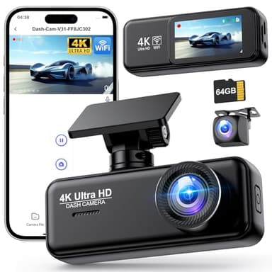 Dashcam Voiture Avant Arrière 4K+1080P, SIGRILL Caméra Embarquée Voiture avec Carte SD 64Go Gratuite, Caméra de Voiture WiF, Super Vision Nocturne, Mode Parking 24H, Enregistrement en Boucle Dashcam