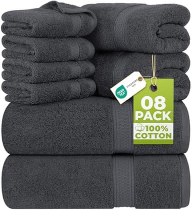 Utopia Towels - Lot de 8 Serviettes en Coton avec Crochet de Suspension – 2 Serviettes de Bain, 2 Serviettes et 4 Serviettes de Toilette – (Gris)