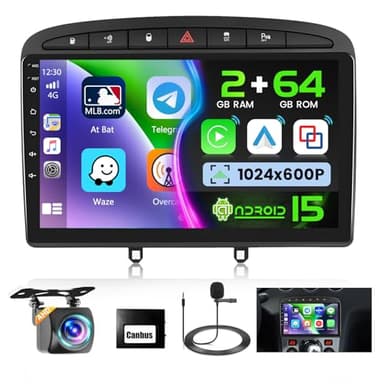 Ohradio 2G+64G Autoradio Android 15 pour Peugeot 308 408 2007-2015, Carplay Android Auto sans Fil, 2 DIN Écran Tactile de 9" avec WiFi GPS FM/RDS BT SWC+Caméra de Recul+MIC