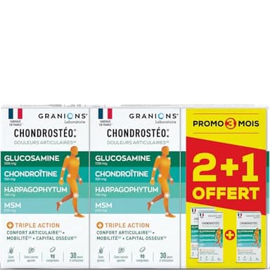 GRANIONS CHONDROSTEO ARTICULATIONS - Glucosamine Chondroïtine, MSM, Harpagophytum - Calcium -Triple Action: Souplesse, Flexibilité, Mobilité -Lot de 3x90 Comprimés