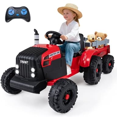 COSTWAY 24V Tracteur Électrique Enfant avec Remorque Amovible & Télécommande, Voiture Électrique Enfants avec Musique & Klaxon & Phares LED, Démarrage en Douceur, 3,2-6 km/h pour 3-8 Ans (Rouge)