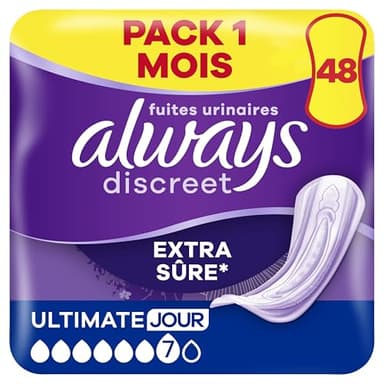 Always Discreet Extra Sûre, 48 Serviettes Hygiéniques Incontinence Femme, Ultimate Jour 6 Gouttes, Protection Absorbante pour Fuites Urinaires Importantes de Jour, Pack 1 Mois