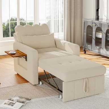 Canapé Lit Convertible 1 Place, 3 en 1 Fauteuil Convertible avec Fonction Lit, Dossier Réglable, Table D'appoint Pliante, Matelas, Coussin et Poches, Canape Lits Pliant pour Petit Appartement