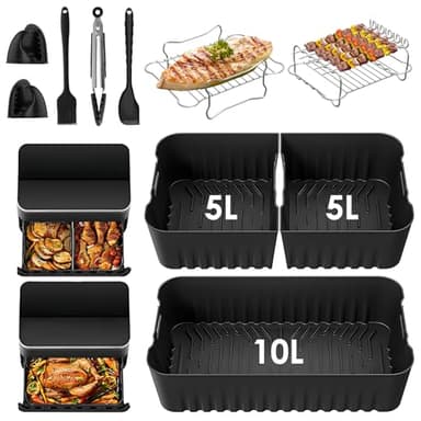 Moule Silicone Air Fryer Accessoires pour COSORI Dual Zone 10L Twinfry Airfryer- 1x10L + 2x5L Réutilisable Silicone Réutilisable Plat, Grille Racks, Paniers à Friture, Grille de Grille (Cosori 10l)