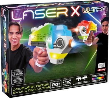 Lansay - Laser X - Double Blaster Evolution Ultra - Jeu Laser Game pour Enfants dès 6 Ans - 2 Pistolets Laser sans Fil - Cible Intégrée - 20 Couleurs de Laser - Portée 90m - Int/Ext - 2 Joueurs