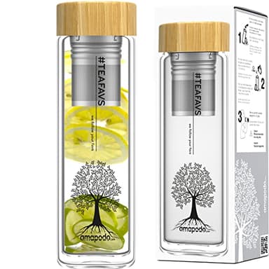 amapodo Bouteille de thé en verre avec passoire - 400ml Bouteille de thé théière à emporter - Bouteille d'eau à double paroi en verre borosilicaté