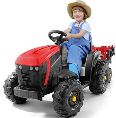 ELEMARA 24V 9AH Tracteur Electrique Enfant avec remorque Amovible Facile,400W Motors Voiture électrique Enfant, Jouet Tracteur Electrique,Ceinture de sécurité à 3 Points pour Les âges 3 +, Rouge