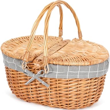 Happypicnic Grand panier de pique-nique vide en osier avec poignée, 38,1 cm avec couvercle et doublure amovible, panier vintage tissé à la main pour pique-niques, camping, cueillette de légumes, fête