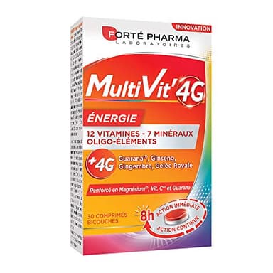Forté Pharma - Multivit' 4G Energie - Complément Alimentaire 12 Vitamines, 7 Minéraux - Gelee royale, Ginseng, Guarana, Magnesium, Gingembre - Fatigue, Irritabilité - 30 comprimés Bi-couches, 1/jour