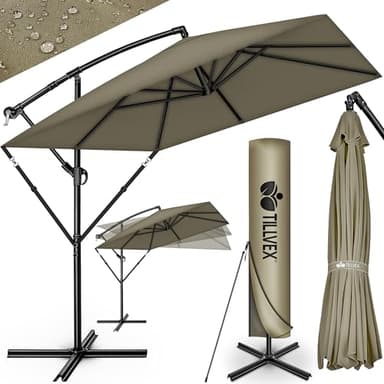 tillvex® Parasol déporté Rectangulaire Ø330cm + Housse de Protection & contre le vent | Parasol à manivelle carré + support | pour le jardin Extérieur en aluminium