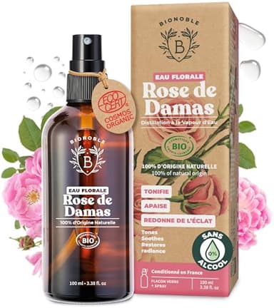 BIONOBLE Eau de Rose Bio - Tonifie, Apaise, Redonne Éclat - Hydrolat 100% d'Origine Naturelle, Sans Alcool - Eau de Rose Visage, Cheveux, Contour des Yeux - Rose Water Spray avec Flacon Verre - 100ml