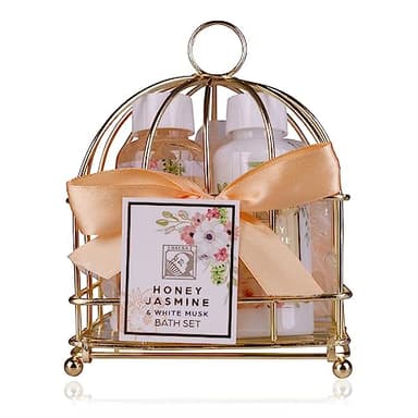 Accentra - Set de douche cadeau pour femmes HONEY JASMINE dans corbeille métallique - Kit soins 3 pcs avec gel douche, lotion et éponge de bain - Cadeaux bien-être pour l'anniversaire, Saint Valentin