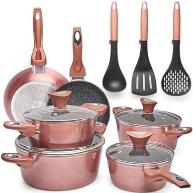Lot Poele et Casserole Induction - Batterie de Cuisine 15Pcs - Сasseroles et Poêles Pour Induction - Lot de Casseroles et Poêles - Set Poele et Casserole à Gaz et Micro-ondes - Revêtement Anti-adhésif