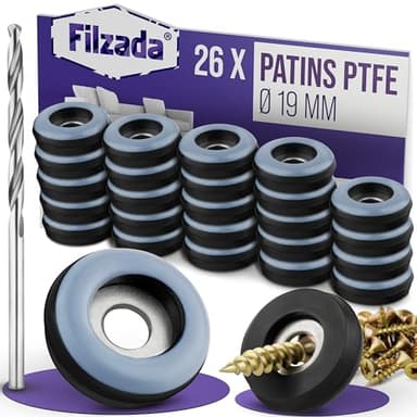 Filzada® 26x Patins pour Meuble en Téflon avec vis - Ø 19 mm (Rond) - PTFE Patins pour Meubles/Planeur PTFE (Teflon) avec vis