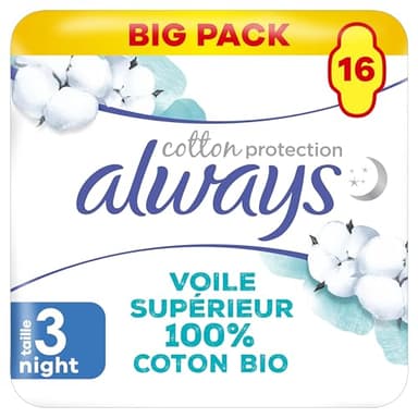 Always Cotton Protection Night Serviettes Avec Ailettes X16, Voile Supérieur 100% Coton Biologique