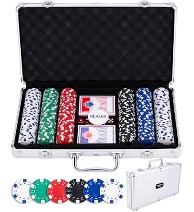 Engelhart - 320910 - Set de Poker Complet - Malette en Metal Argent - 300 jetons 11,5g sans numéro + 2 Jeux de Cartes, 3 Boutons de Croupier, 5 dés - Coffret de Jeu de Poker