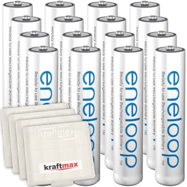 Kraftmax 16er-Pack Panasonic Eneloop AAA / Micro Akkus - Neueste Generation - Hochleistungs Akku Batterien in Kraftmax Akkuboxen V5, 16er Pack