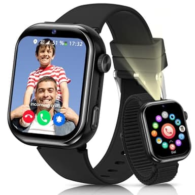 RUXINGX 4G Montre Connectée Enfant, Montre Telephone Enfant avec GPS, Appels, Appels Vidéo, Étanche IP68, Double Caméra, Chat Vocal, Lampe Torche, Mode École, Podomètre pour Garçons et Filles, Noir