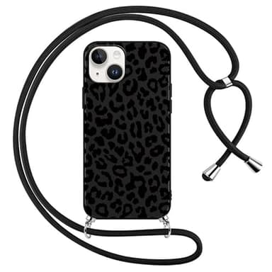 Foonary Coque pour Apple iPhone 15 avec Cordon de Collier, Aesthetic Léopard Motif Étui Housse Réglable Lanyard Corde, Souple Silicone TPU Antichoc Protection Case pour iPhone 15 6,1", Noir Chaîne