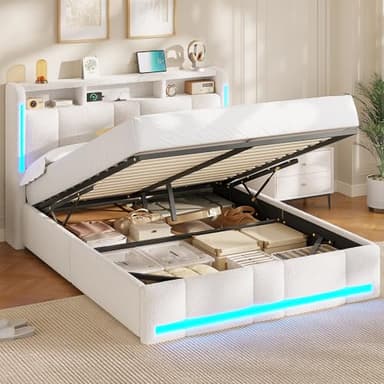 AOGLLATI Lit Coffre Hydraulique 140x190 CM, Lit Double avec LED et Ports USB, Cadre de lit avec Tête de Lit capitonné et Rangement, Lit 2 Personnes avec Lattes en Bois, Bouclée, Beige (sans Matelas)