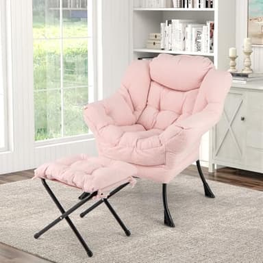 COSTWAY Fauteuil Salon Scandinave avec Repose-Pieds en Sherpa, Oreiller et Poche Latérale, pour Lecture, Cadre en Métal pour Charger 150 KG (Rose)