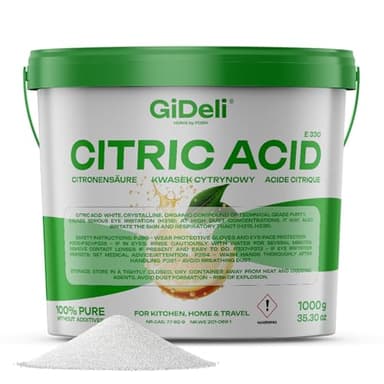 GiDeli Acide citrique de qualité alimentaire en poudre monohydrate 1000 g pur E330 cristaux qualité de nettoyage détartrant acidifiant sans sucre en cube refermable 1 kg