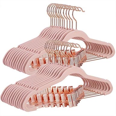 SONGMICS Cintres pour Pantalons, 24 pièces, 42 cm, cintres avec Pinces réglables et Crochet Couleur Or, Cintre en Velours antidérapant, Gain de Place, pour Jupes, Rose Clair CRF14PK24, Standard