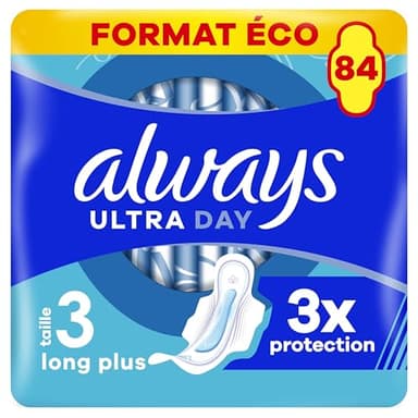 Always Ultra Serviettes Hygiéniques, Taille 3, Day & Night, 84 Serviettes Avec Ailettes, Flux Abondants Jour et Nuit, Format Eco, Max Confort, Super Absorbantes et Ultra Fines