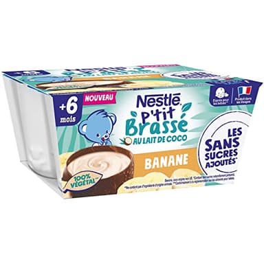 Nestlé Bébé - P'tit Brassé Végétal Laitage Lait coco Banane sans sucres ajoutés - dès 6 mois - 4 x 90g