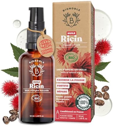 BIONOBLE Huile de Ricin Bio Pressée à Froid, 100% Naturelle - Favorise la Pousse, Répare - Huile de Ricin pour Cheveux, Cils, Sourcils - Castor Oil - Flacon Verre, Pipette, Pompe - 50ml